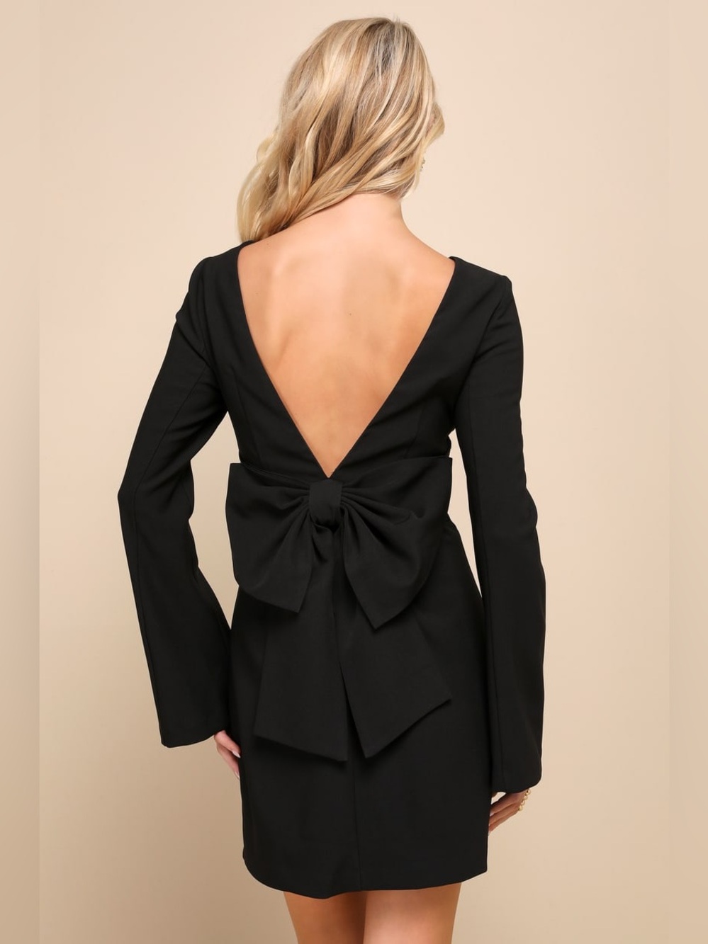 NWT Lulus Elegant Cutie Black Bow Long Sleeve Backless Mini Dress Size Large - Picture 2 of 7